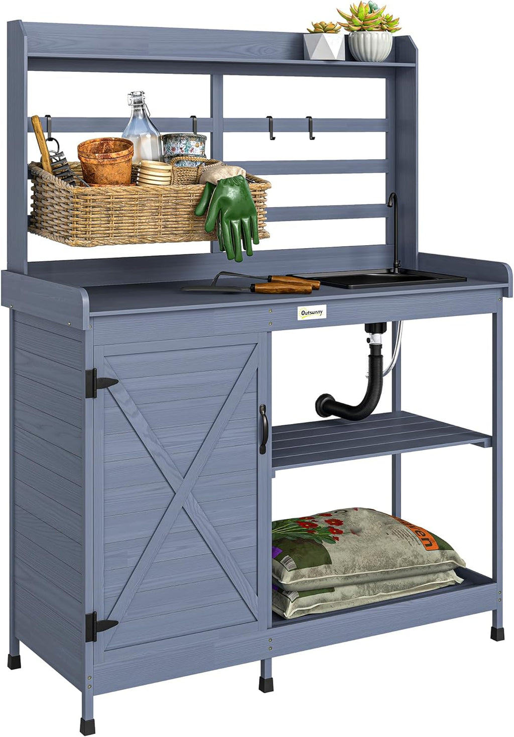 Outsunny Outdoor Wooden Potting Bench Table with Sink and Water Tap, Garden Workstation with Storage Cabinet, Storage Shelves for Backyard, Patio, Balcony, Gray