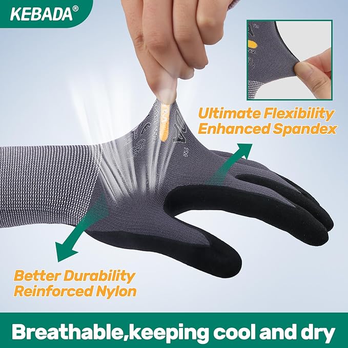 Kebada W2 Work Gloves for Men and Women, Nitrile Coated Working Gloves for Gardening, Construction, Warehouse, Safety Gloves for Work in Yard and Outdoors, 6 Pairs, Large
