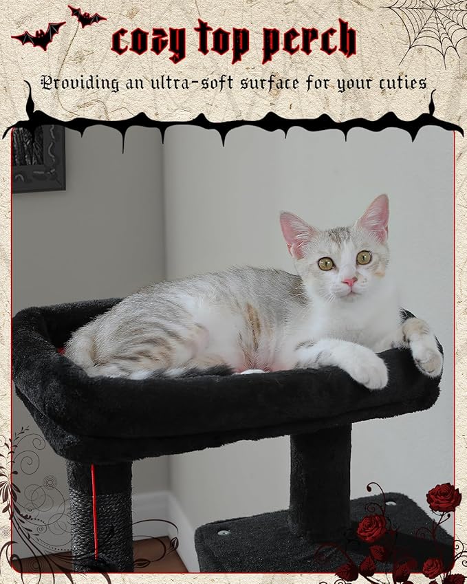 Gothic Cat Tree with Super Large Hammock, 45.7" Black Cat Tower with Coffin Bed, Cat Condo, Sisal Scratching Posts & Top Perch, Multi-Level Goth Cat Tree, Halloween, Black