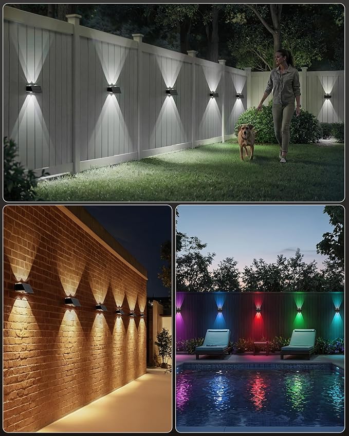Bridika Solar Fence Lights Outdoor, 6 Pack Up and Down Wall Light, 8 Colors Lens LED Dusk to Dawn Solar Lights Outdoor Waterproof for Patio, Deck, Backyard, Garden