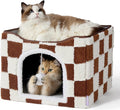Lesure Indoor Cat Beds Kitten House - Large Cat Cave for Pet Cube with Fluffy Ball Hanging, Foldable Small Animal Hideaway, 16.5x16.5x13 inches, Brown Checks