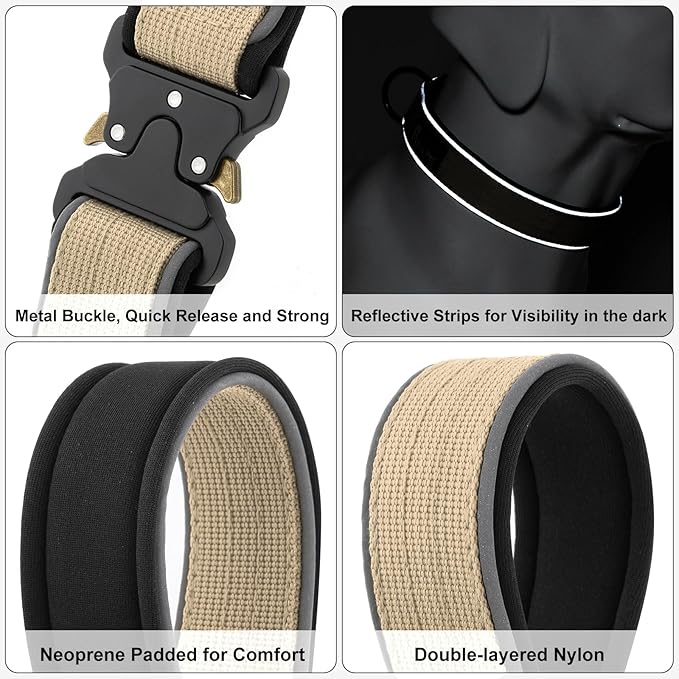 Plutus Pet Tactical Dog Collar, Reflective, Adjustable Heavy Duty Dog Collar, Soft Padded and Comfortable, for Small Medium and Large Dogs (Beige, XL)