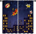 Super Hero Rod Pocket Blackout Curtains for Boy Girl Bedroom, Exploding City Starry Cartoon Skyline Thermal Insulated Home Window Drapes for Living Room Darkening, 72x63 inch