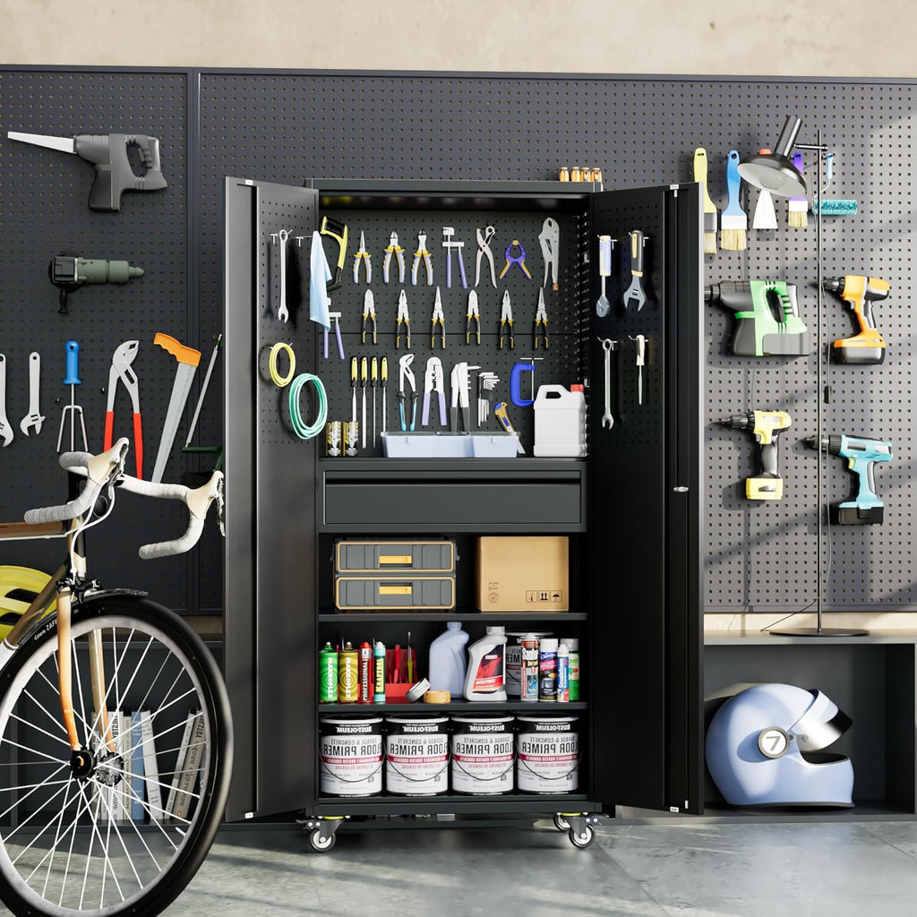 Aobabo Metal Storage Cabinet with Wheels and Adjustable Pegboard, Steel Rolling Tool Cabinet with 16 Hooks and 1 Interior Drawers for Garage, Home, Office, Kitchen, Black, Assembly Required