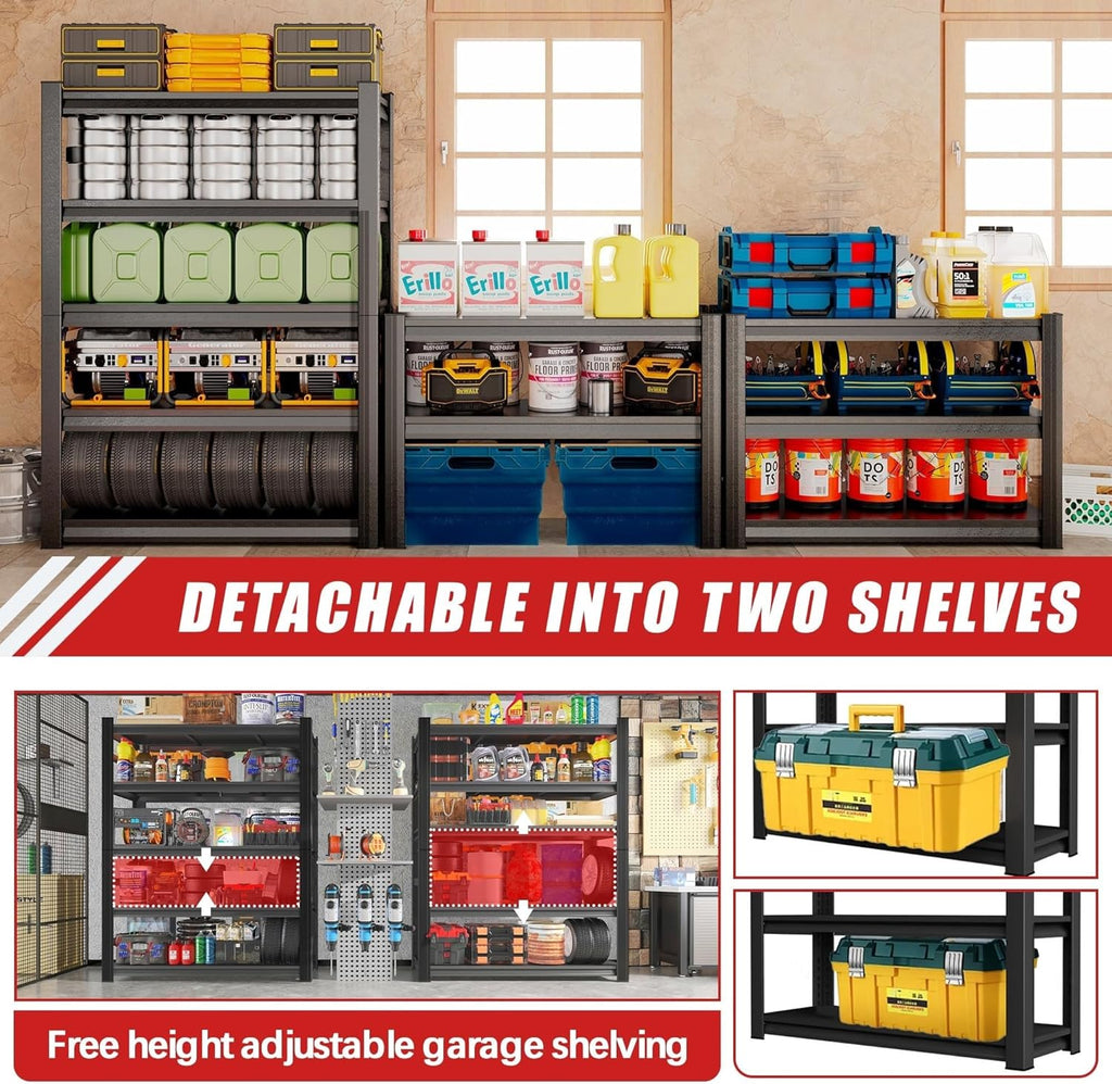 2500lb Capacity Heavy Duty Industrial Shelves | 5-Tier Steel Storage Rack | Adjustable Garage, Warehouse, Workshop Shelving | 71" H x 39.4" W x 17.7" D | Black
