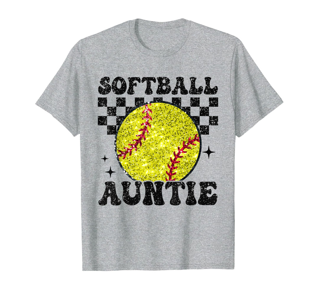 Softball Auntie Checkered Funny T-Shirt - Fun Novelty Design Unisex