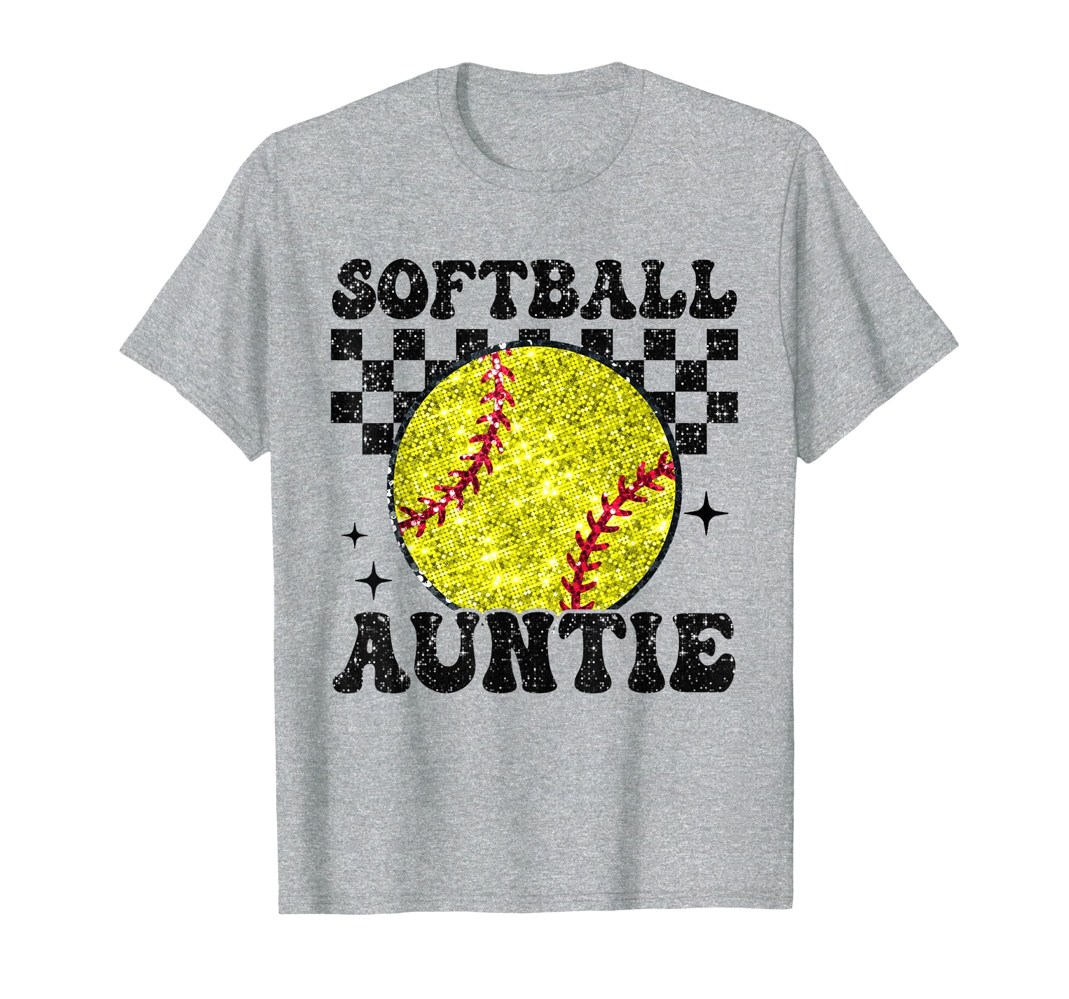 Softball Auntie Checkered Funny T-Shirt - Fun Novelty Design Unisex