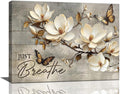 Floral Magnolia Bathroom Pictures Wall Art, Just Breathe Bathroom Wall Decor, Flower Butterfly Framed Painting Canvas Artwork for Bedroom Living Room Decorations 16"L x 12"W