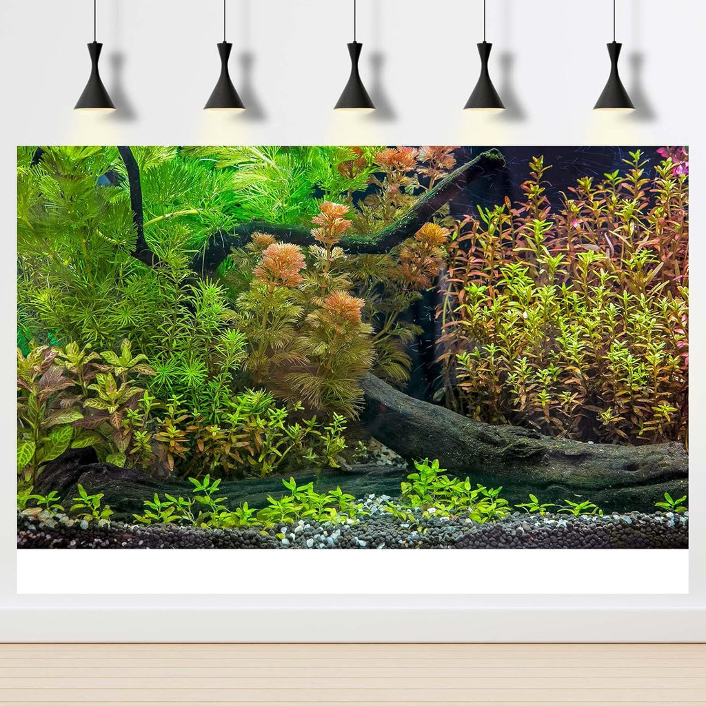 Underwater Aquarium Backdrop Grass Leaves with Pebbles Exquisite Aquarium Background Vivid Green Aquatic Plant Stone River Bed Fish Dead Wood Fresh Leaves Tank Background Decors Vinyl 48x18in