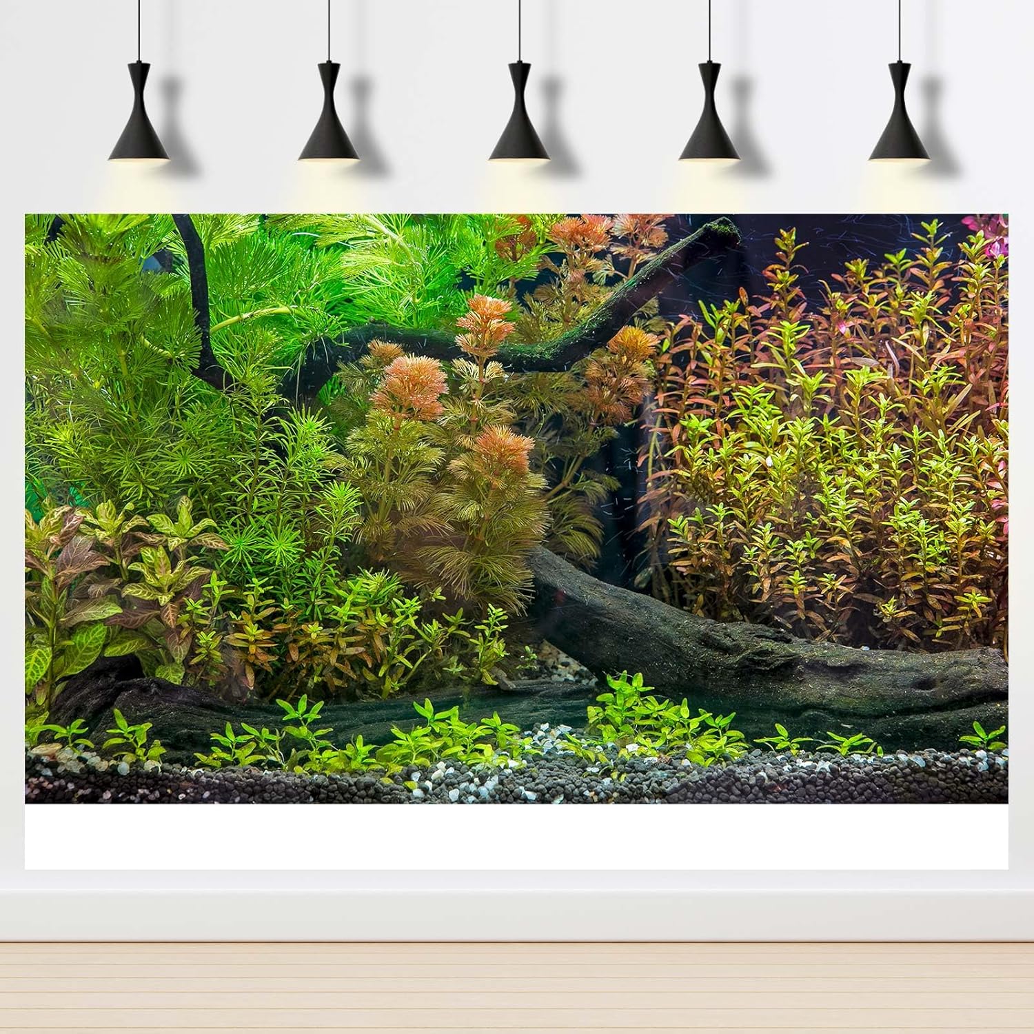 Underwater Aquarium Backdrop Grass Leaves with Pebbles Exquisite Aquarium Background Vivid Green Aquatic Plant Stone River Bed Fish Dead Wood Fresh Leaves Tank Background Decors Vinyl 48x18in