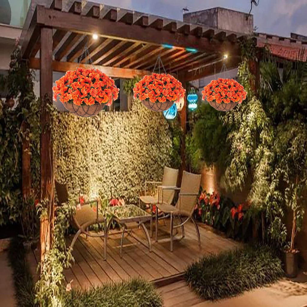 Fall Artificial Flowers with Hanging Basket for Outdoor Indoor, 4 Branches Fake Hydrangea Flowers in Coconut Lining Hanging Basket Home Courtyard Spring Summer Decor(Orange)