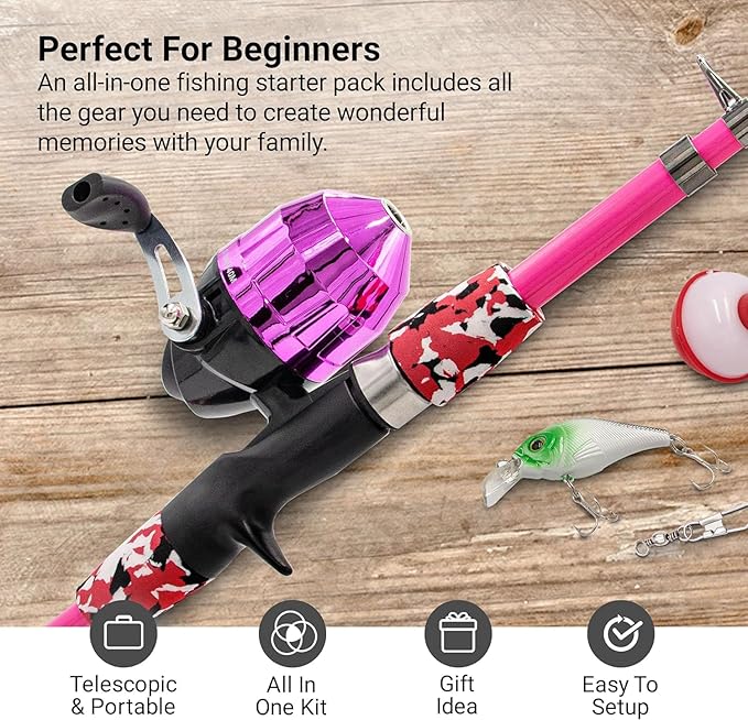 Kids Fishing Pole, Kids Portable Telescopic Fishing Rod Set, Tackle Box and Fishing Net Combo Kit, Kids Fishing Gear for Boys and Girls Age 5-10 and Youth