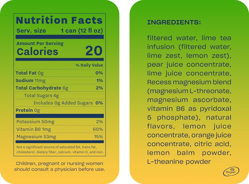 Recess Sparkling Water Lime Citrus Magnesium, Pack of 12, 12 Fl Oz