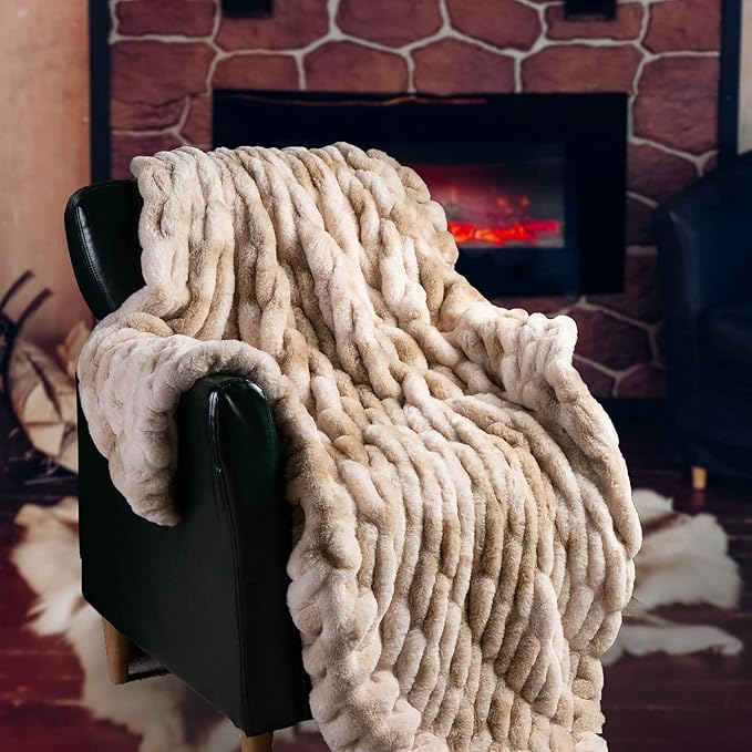 BATTILO HOME Ruched Luxurious Soft Beige Faux Fur Throw Blanket Fuzzy Plush Elegant with Reversible Mink Blanket for Sofa,Chair, Couch, Living Room, Home Decorative Blanket Tie dye (Beige, 50"x60")