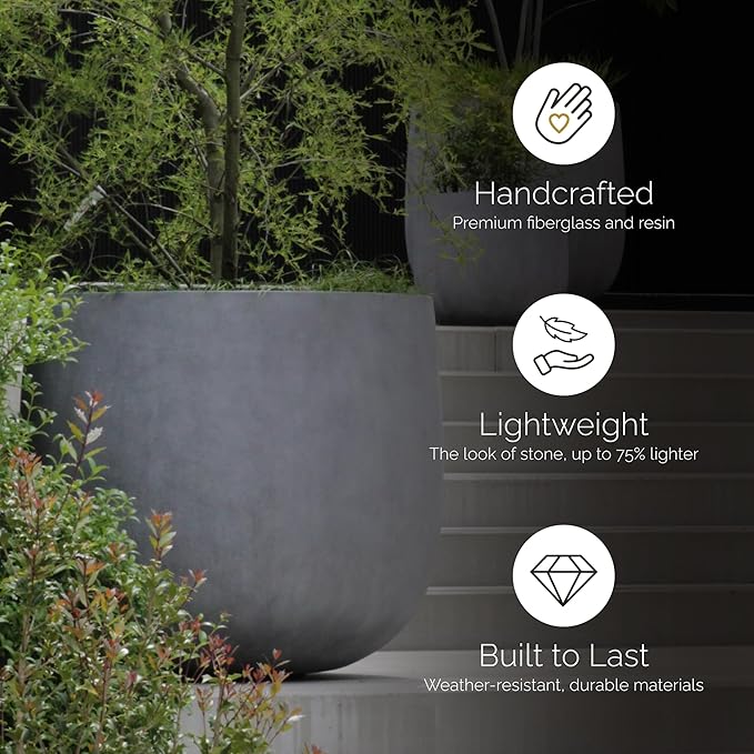Mondo Large Planter – River Stone Finish – Fiberglass Indoor/Outdoor and Weather-Resistant Round Planter (19.7" D x 19.1" H Exterior, 18.5" D x 18.5" H Interior)