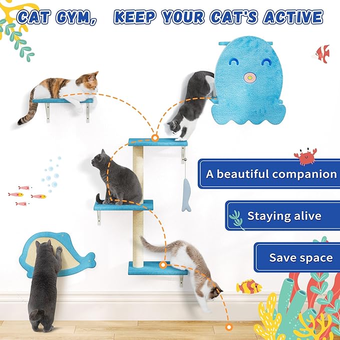COZIWOW 4-Piece Wall-Mounted Cat Tree Set – Sturdy Wood Pet House, Scratching Board, Platforms, Sisal Posts & Blue Fish Charm – Ocean Blue