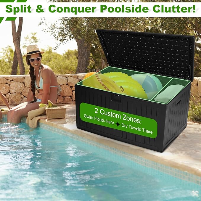 260 Gallon Outdoor Storage Box Waterproof, Extra Large Plastic Outside Deck Box Weatherproof, Resin Patio Storage Bin with Lock and Lids for Pool Equipment and Cushion, Black