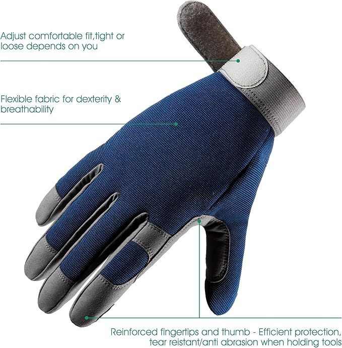 COOLJOB Thorn Proof Garden Gloves with Touchscreen Fingers for Men, Rose Pruning Work Gloves with Palm Cushion for Gardener, Farmer and Landscaper (Navy 1 Pair Large)
