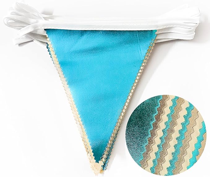 Champagne Gold and Sky Blue Metallic Fabric Triangle Pennant Banner, 32 Feet
