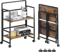 4NM 2 Tiers No-Assembly Folding Bookshelf with Wheels, Portable Rolling Storage Bookcase & Compact Side Table for Living Room, Bedroom, Kitchen, Bathroom (Rustic Brown and Black)
