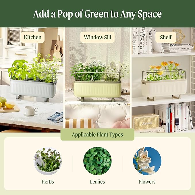 Vego Garden 2 Pack Herb Indoor Planter Box, Self Watering Pots with Trellis for Kitchen Window Sill or Countertop Plants Cage - Cream White