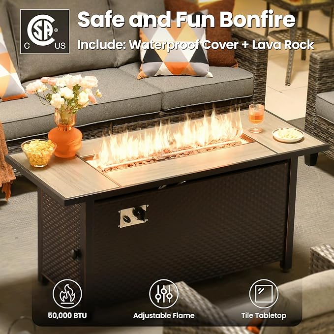 ovios 7 Pieces Patio Furniture Set with 54" Fire Pit Table, Outdoor Wicker Sofa with Comfy Cushions, All Weather High Back Rattan Couch Conversation Set, Dark Grey