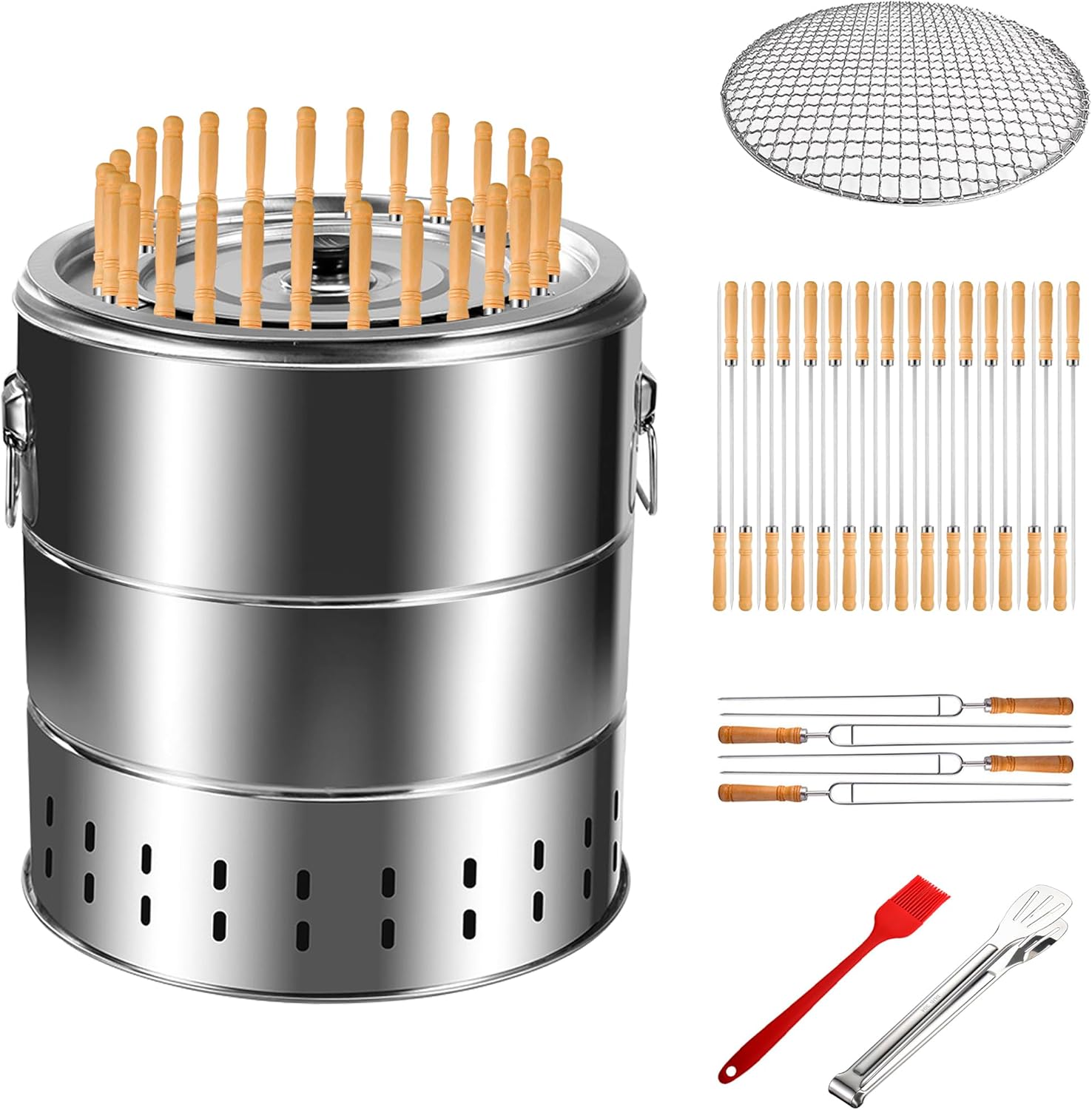 Stainless Steel Smokeless Barbecue Surround Charcoal Grill, Portable kebabs Charcoal Grill with Grilling Accessories Set, Diameter 15.4 inch/28 Kabob Skewer
