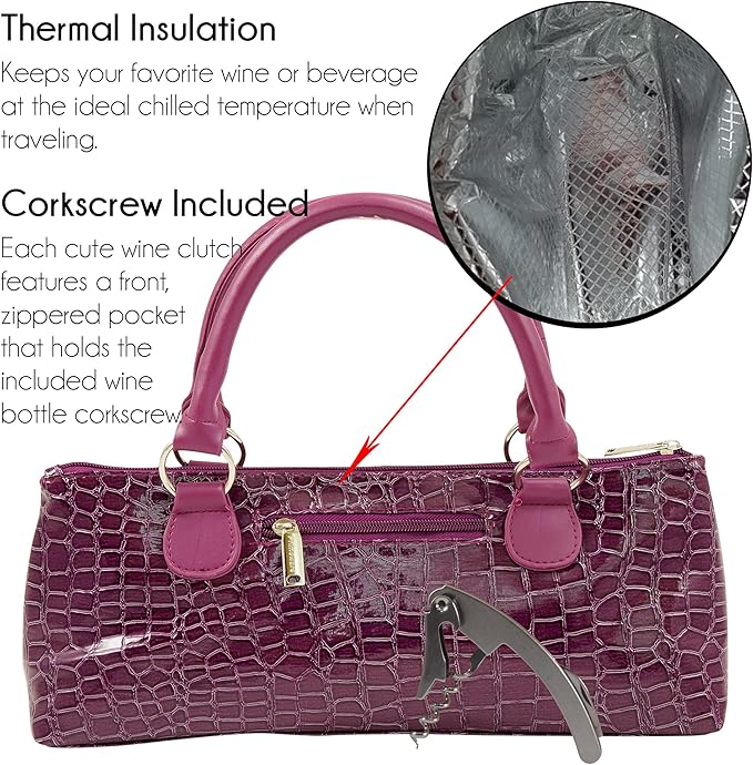 Wine Clutch Bag (Thermal Insulated) Trendy Women’s Carry Tote | Holds Red & White 750mL Bottles | Trendy Fashion | Incl. Portable Waiter-Style Corkscrew