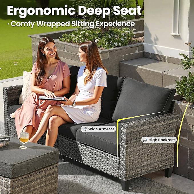 ovios 8 Pieces Patio Furniture Set with 54" Fire Pit Table, Outdoor Wicker Sofa with Comfy Cushions, All Weather High Back Rattan Couch Conversation Set, Black