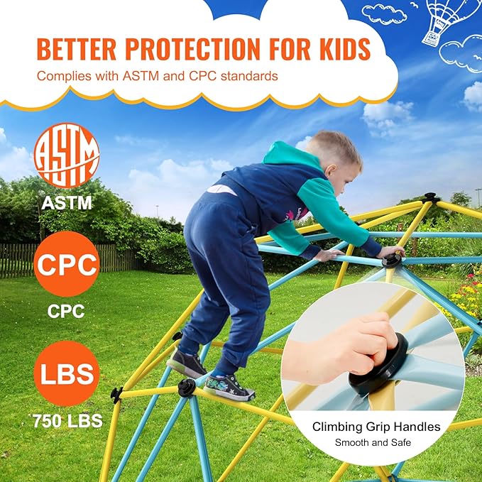 VEVOR Climbing Dome, 10FT Geometric Dome Climber with Hammock and Swing, Jungle Gym Supports 750LBS and Easy Assembly for Kids 3 to 10 Years Old, with Climbing Grip, Outdoor Backyard Play Equipment