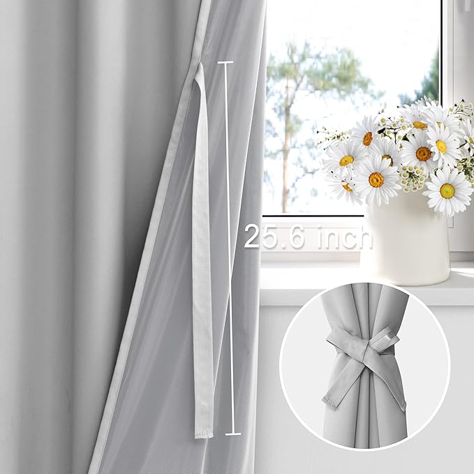 XWZO 100% Blackout Curtains with Tiebacks- 2 Thick Layers Completely Shaded Window Treatment Thermal Insulated Lined Rod Pocket Drapes for Bedroom/Laundry, Light Grey, W42 x L84, Set of 2 Panels