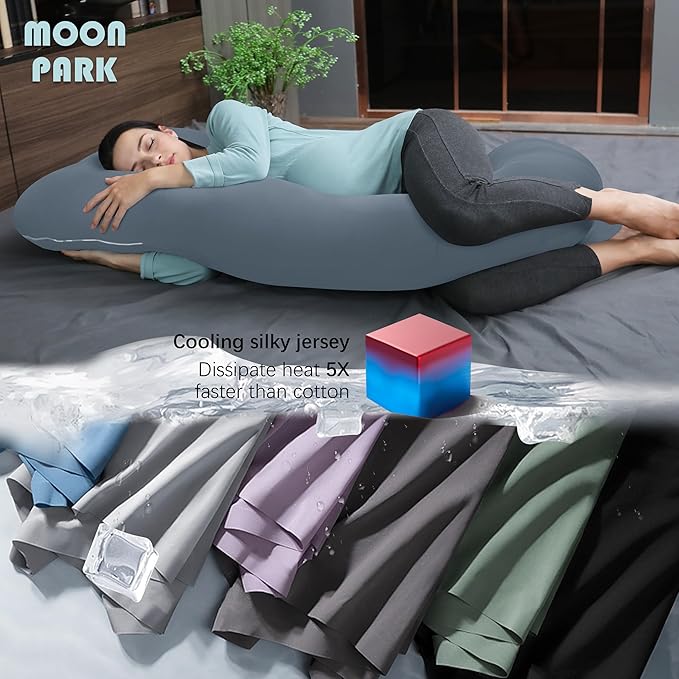 MOON PARK Pregnancy Pillows for Sleeping - U Shaped Full Body Maternity Pillow with Removable Cover - Support for Back, Legs, Belly, HIPS - 57 Inch - Grey - Cooling Cover