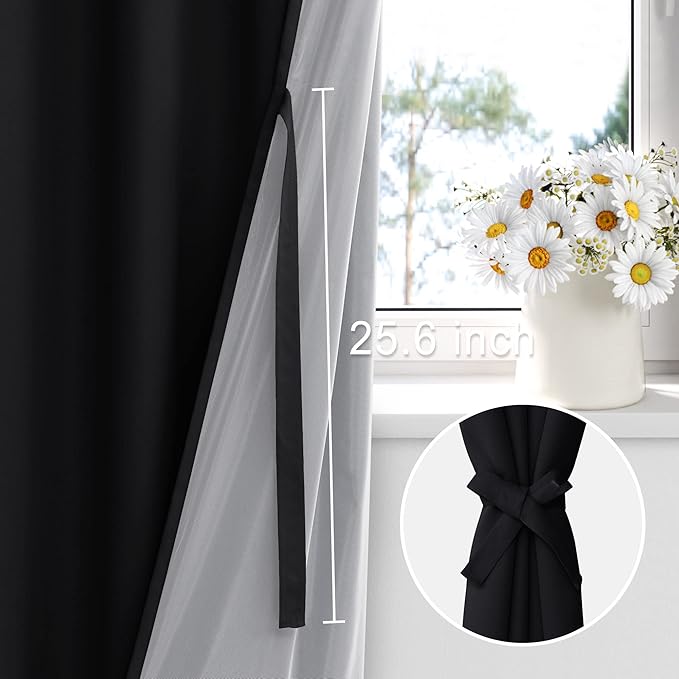 XWZO Full Shading Blackout Curtains 72 Inches Length - Heat and Light Blocking Rod Pocket Window Drapes with Black Liner Backing for Bedroom Sewn with Tiebacks, Black, W52 x L72, Set of 2