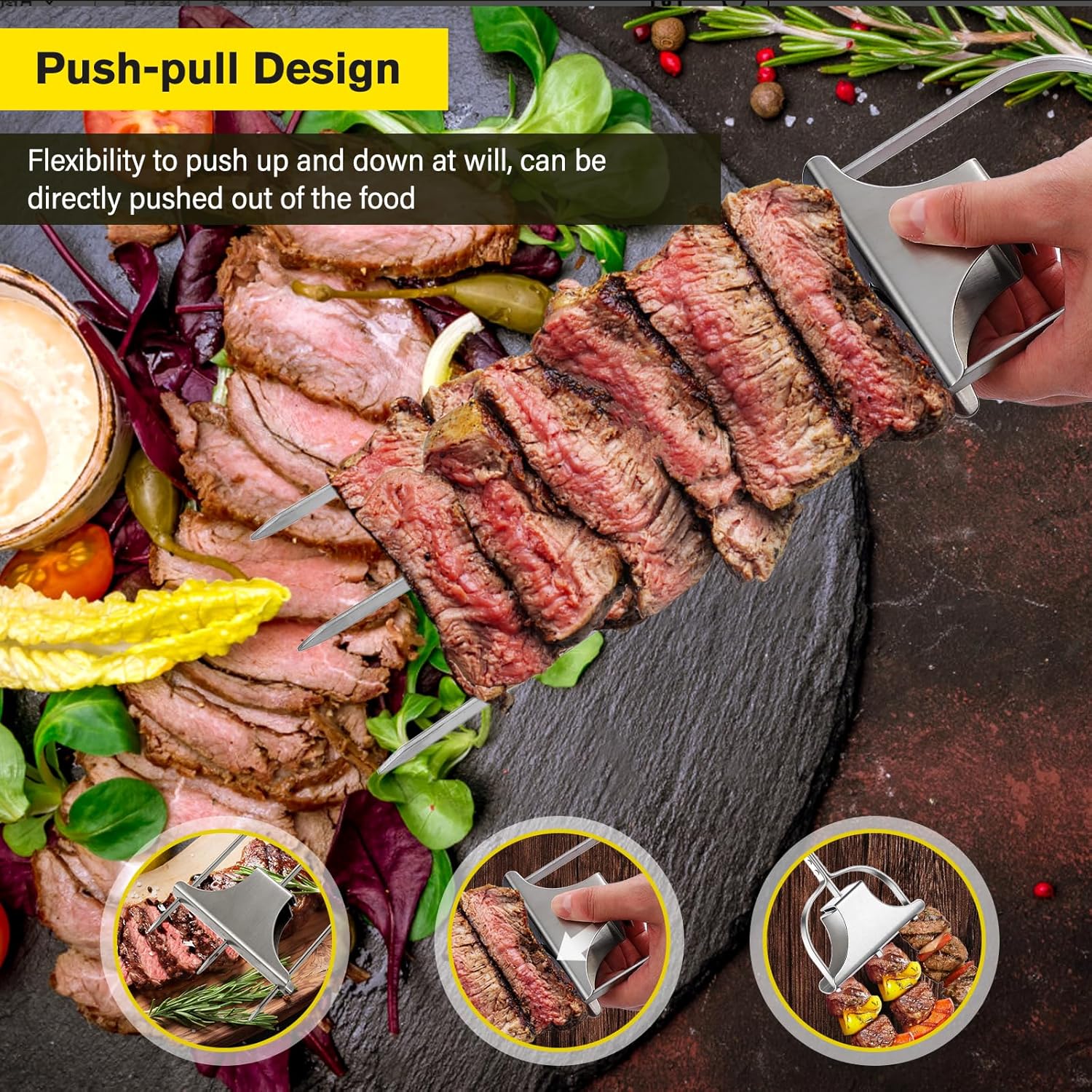 2PCS Kabob Skewers for Grilling, 14'' Stainless Steel Kebab Skewers, 3 Prong Metal Grill Skewer with Push Bar Slider, Skewer Sticks for Meat Veggies Marshmallows Fruits, BBQ Barbecue Accessories