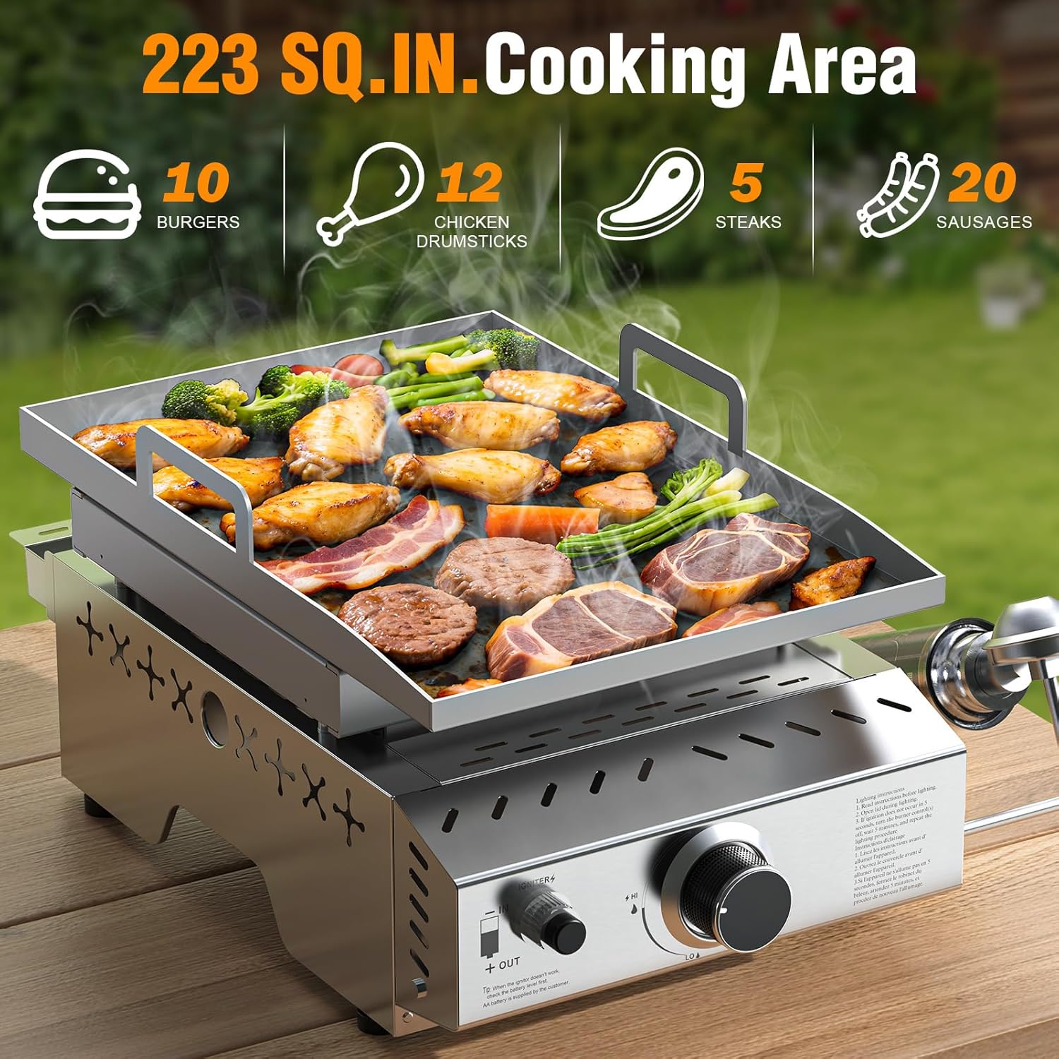 Stainless Steel Tabletop Grill,18 Inch Portable Propane Grill Griddle with Handle,8000 BTU Flat Top Grill for Camping, Outdoor & Tailgating Barbecue