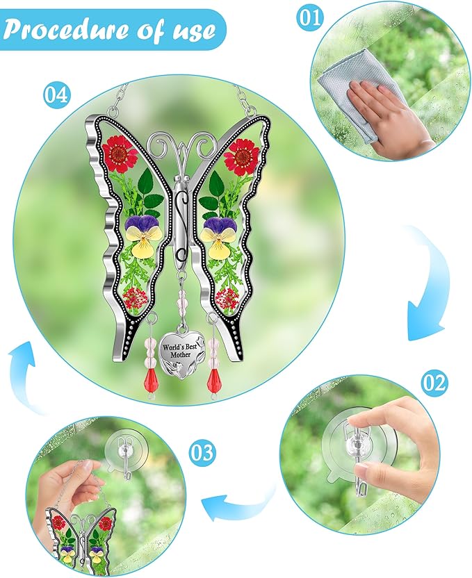 KY&BOSAM Butterfly Suncatcher World`s Best Mother Gifts Stain Glass Suncatchers for Windows Hanging Wind Chimes Home Ornament Gifts for Mom Mother`s Day Valentine's Birthday Christmas Thanksgiving