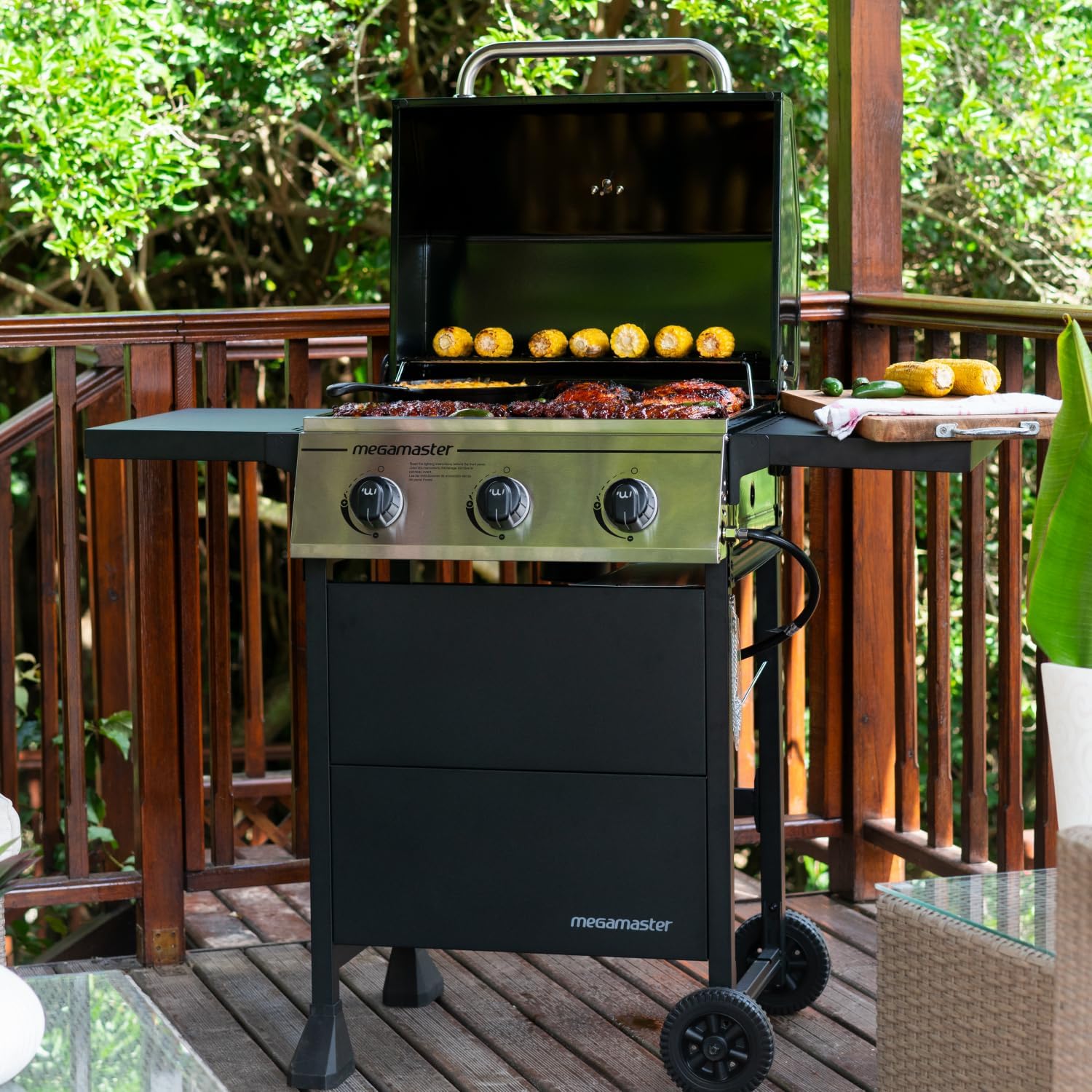 3-Burner Propane Gas Grill with Folding Side Tables, 30,000BTUs, 429.81 sq. in. Cooking Space, Stainless Steel Control Panel, Outdoor Kitchen Grill for BBQs, Patios, and More - 720-0988EA