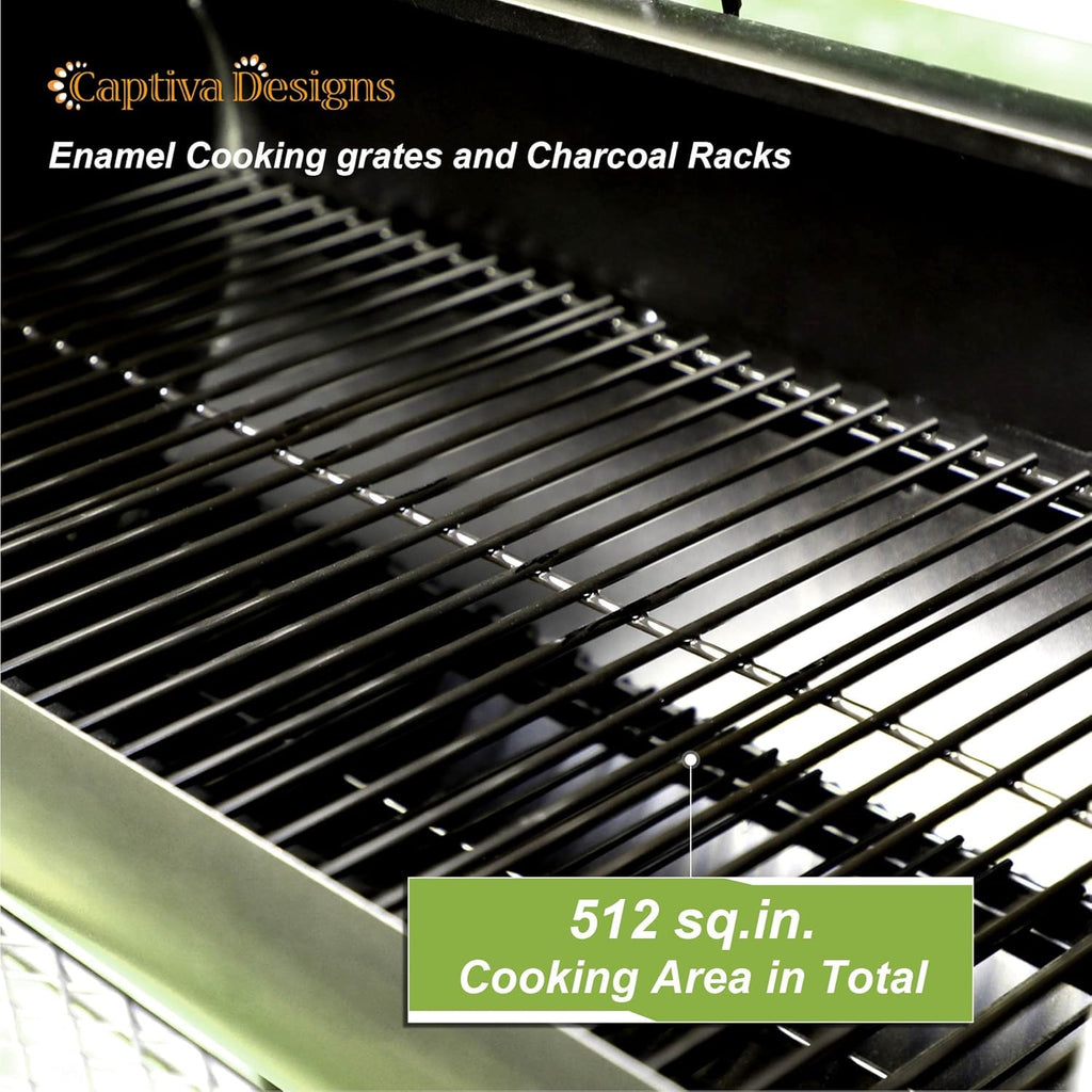 Captiva Designs Charcoal Grill with Offset Smoker, All Metal Steel Made Outdoor Smoker, 512 sq.in Cooking Area, Best Combo for Outdoor Garden Patio and Backyard Cooking