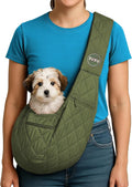 Small Dog Carrier Sling – Olive Green Hands‑Free 2‑in‑1 Sling & Handheld Carrier for Dogs up to 10 lbs, Parachute‑Grade Rip‑Stop Nylon, 4″ Padded Strap, Safety Tether & Pockets