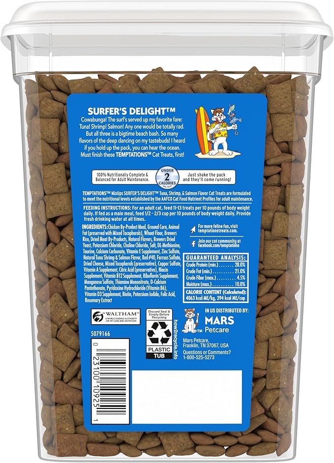 Temptations MixUps Surfer's Delight Flavor Crunchy and Soft Cat Treats, 16 oz. Tub