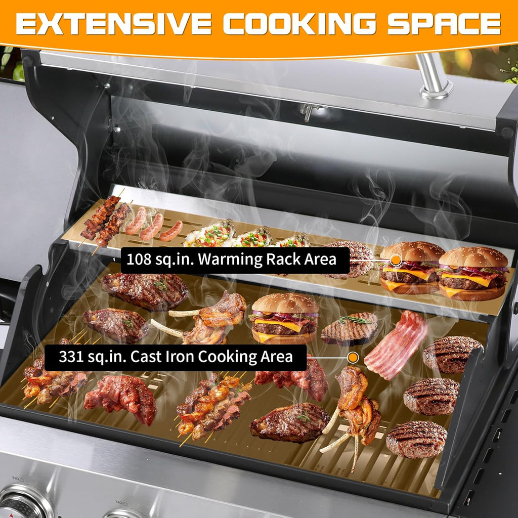 CIG GARDEN 4 Burner Propane Gas Grill with Side Burner,3 in 1 Propane Gas BBQ Grill,Double-layer Stainless Steel BBQ Grill Lid with Cast Iron Grates,52000 BTU Output for Camping, Patio, Backyard