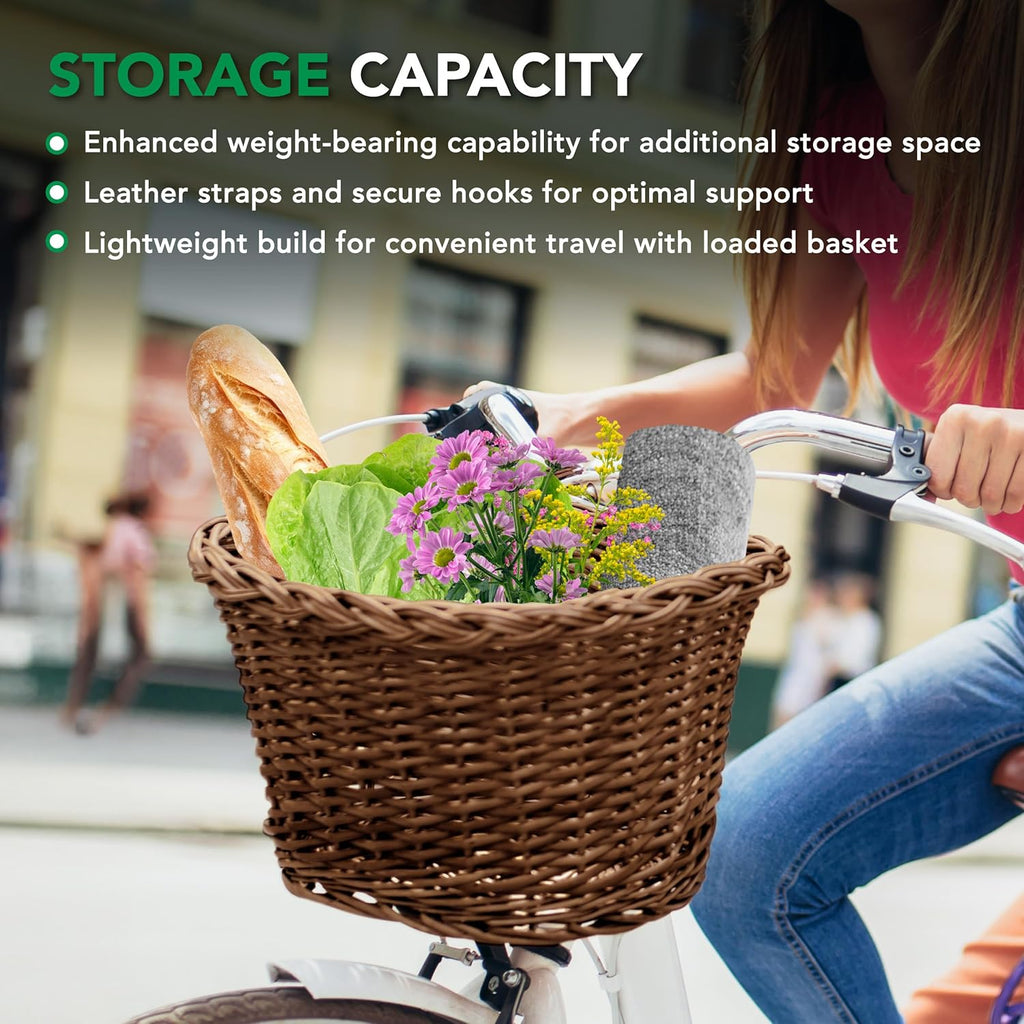 ProSource Wicker Bike Basket Front Cargo for Women and Men, Fits Most Bikes, Beach Cruiser, Stationary Bike, Ebike, Road Bike, Brown