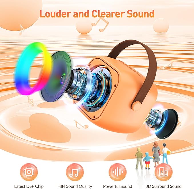 Karaoke Machine for Kids Adults: Mini Portable Karaoke Machine with 2 Wireless Microphones and Lights, Christmas Birthday Gifts for Girls Boys Family Home Party(Orange)