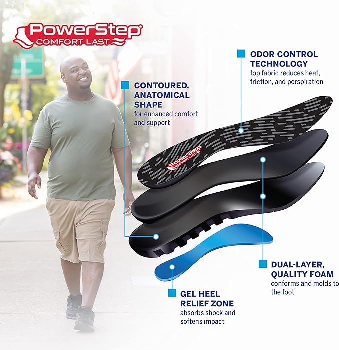 PowerStep Comfort Last Insoles, Cushioning Gel Insoles for Standing All Day, Supports Metatarsal Pain, Foot Arch, Heel Pain, All Day Comfort, Made in The USA (Men's 7-8.5 / Women's 9-10.5)