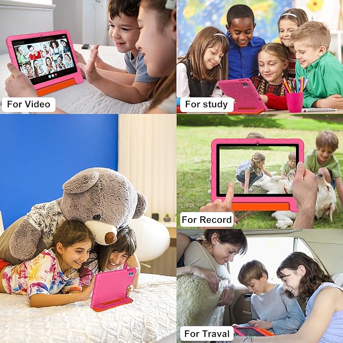 2025 Kids Tablet 10 inch Android 14 Tablets for Kid Octa-Core, 20GB+128GB (TF 1TB), Toddler Tablet with Shockproof Case, 2.4G+5G WiFi 6, Parental Control, Face Unlocked, Split Screen, BT5.0 (Rose Red)