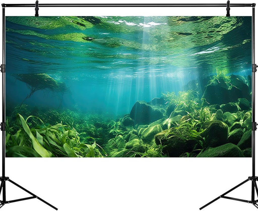 Under The Sea Fish Tank Background Aquatic Plants Deep Sea Aquarium Background Underwater Sunray Rock with Moss Terrarium Backgrounds Deep Ocean Floor Tropical Fish Tank Backgrounds 48x18in