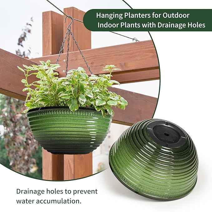 12 inch Hanging Planters for Indoor Outdoor Plants, 2 Pack Large Hanging Flower Pots with Drainage Holes and Chain, Glazed Hanging Baskets for Home Garden Decoration, Green