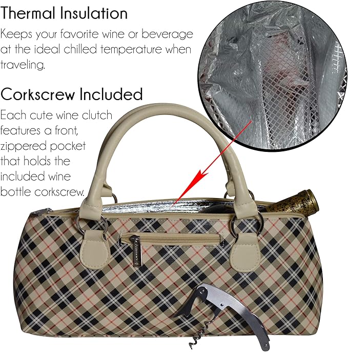 Wine Clutch Bag Thermal Insulated Wine Carrier Tote Holds Red and White Wine 750 Milliliter Bottle Includes Portable Waiter Style Corkscrew