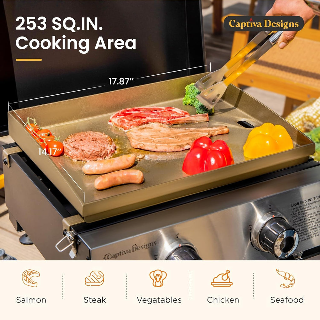 Captiva Designs 17 Inch 2 Burner Portable Propane Gas Griddle Grill with Lid, Outdoor Foldable Flat Top Grill with Stand for Barbecue, Camping and Tailgating