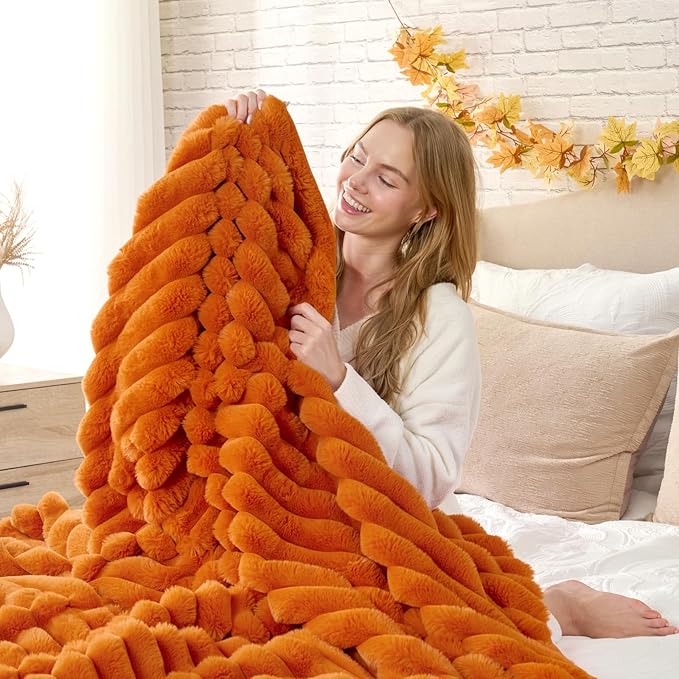 Cozy Bliss Fall Harvest Faux Fur Throw Blanket for Couch, Cozy Warm Plush Striped Blanket for for Decorating Couch Sofa Bedroom Living Room,50 * 60 Inches Burnt Orange
